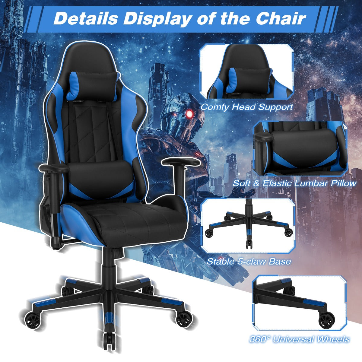 LIVSK Gamingstoel - Verstelbare Rugleuning 90°-160° - Ergonomisch met Hoofdsteun en Lendenkussen - 71 x 73 x 125-135 cm -