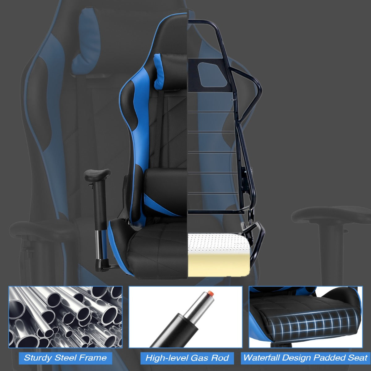 LIVSK Gamingstoel - Verstelbare Rugleuning 90°-160° - Ergonomisch met Hoofdsteun en Lendenkussen - 71 x 73 x 125-135 cm -
