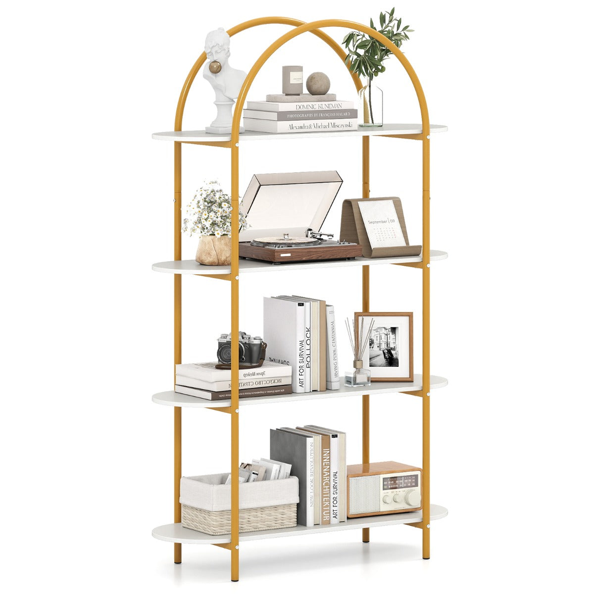 LIVSK Gebogen Boekenkast - 4 Planken - Stabiel Metalen Frame - Veiligheidsvoorzieningen - Bruin en Zwart