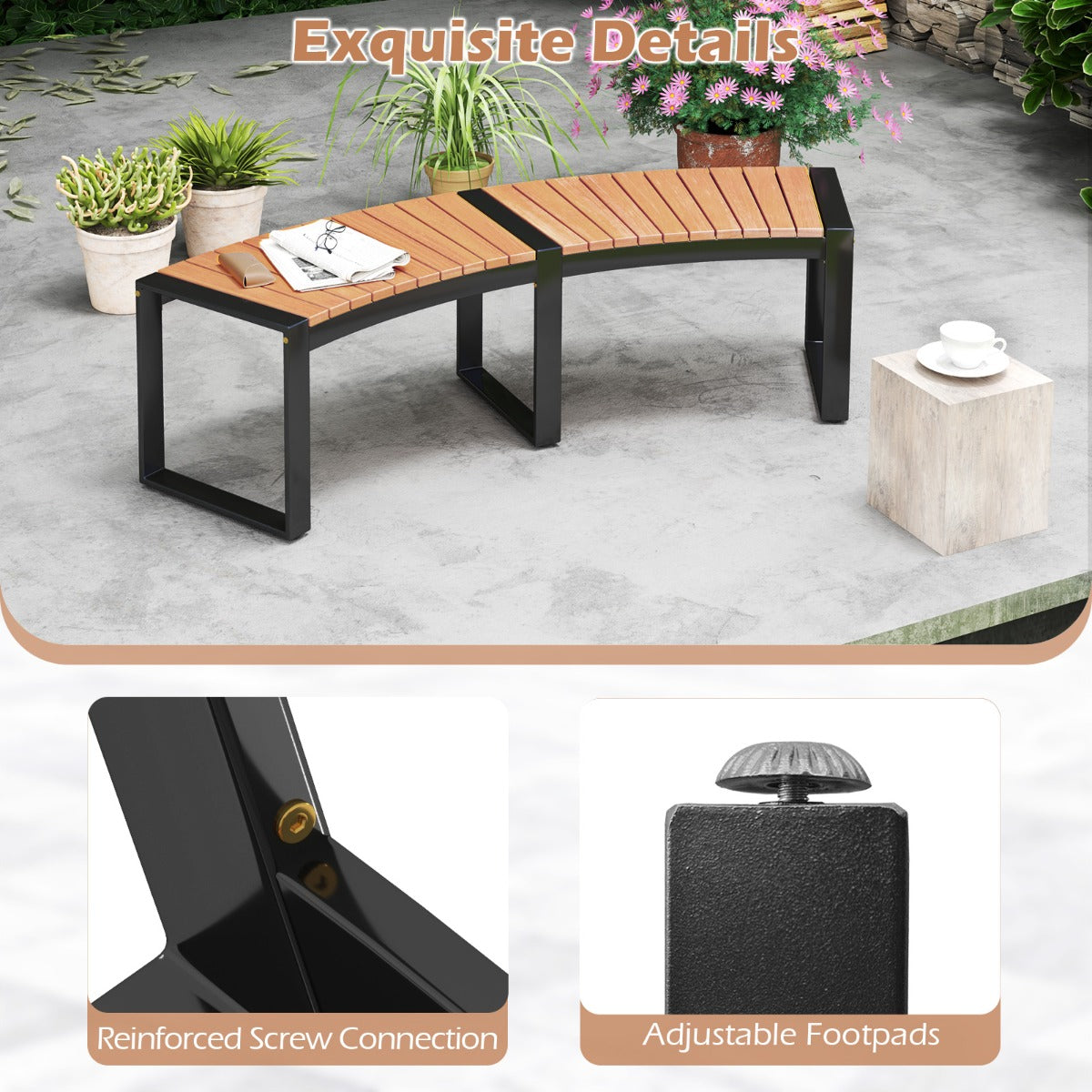 LIVSK Gebogen Tuinbank - Duurzaam Acaciahout - Robuust Metalen Frame - Voor 2 Personen - Draagvermogen 360 kg - Geel/Zwart