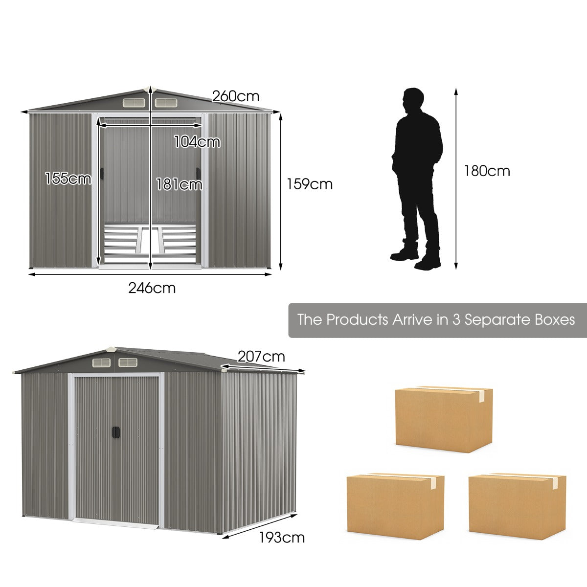 LIVSK Gereedschapsschuur - Ruime Opslag voor Fietsen en Tuingereedschap - Weerbestendig en Windbestendig - 260 x 207 x 181 cm -