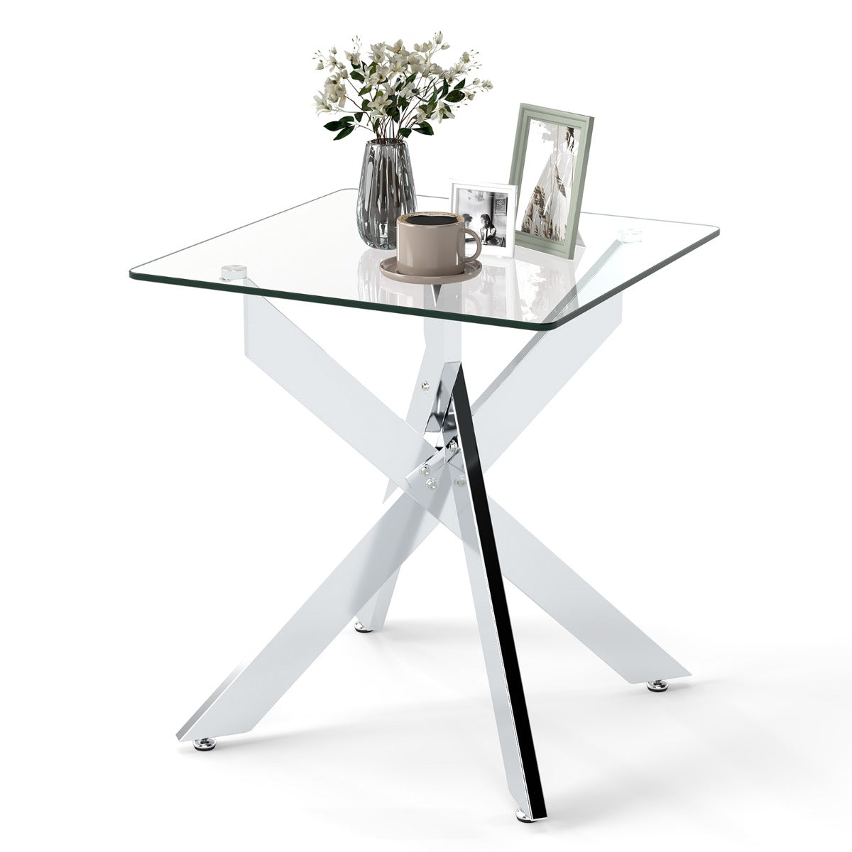 LIVSK Glazen Bijzettafel - Gehard Glazen Blad - X-Metalen Onderstel - Moderne Stijl - Transparant