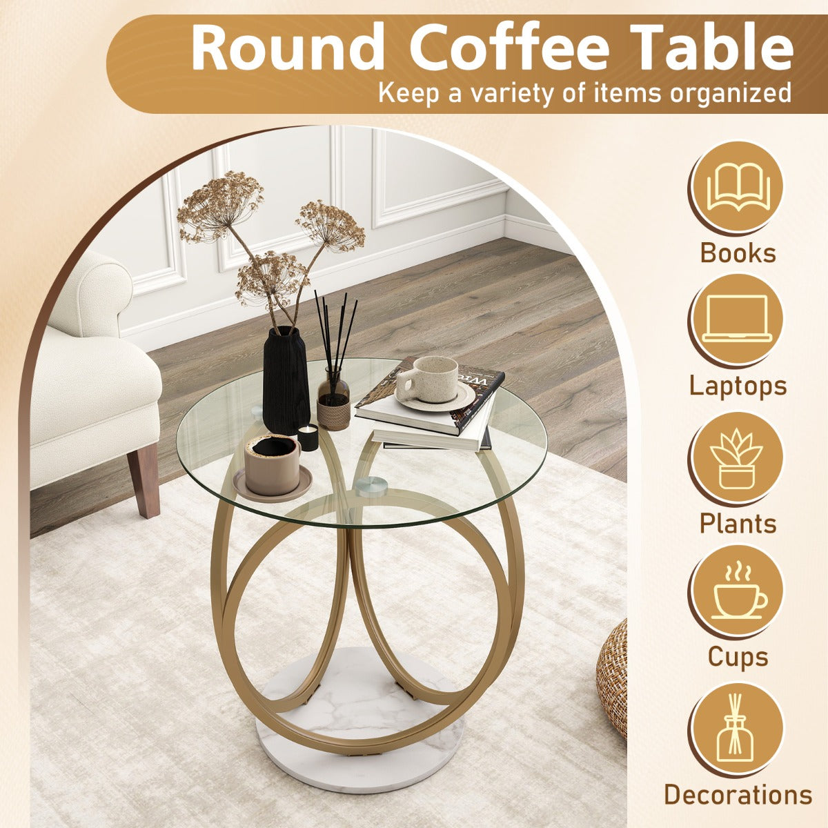 LIVSK Glazen Salontafel - Hoogwaardig Gehard Glas - Goudkleurig Metalen Ringframe - Groot Opbergoppervlak - Transparant & Goud