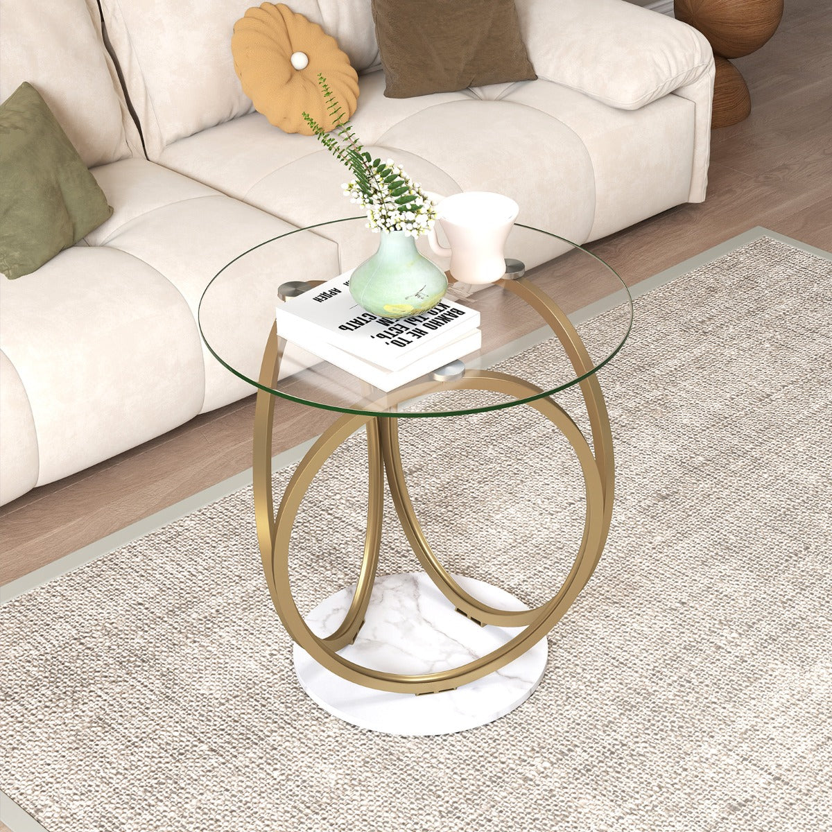 LIVSK Glazen Salontafel - Hoogwaardig Gehard Glas - Goudkleurig Metalen Ringframe - Groot Opbergoppervlak - Transparant & Goud