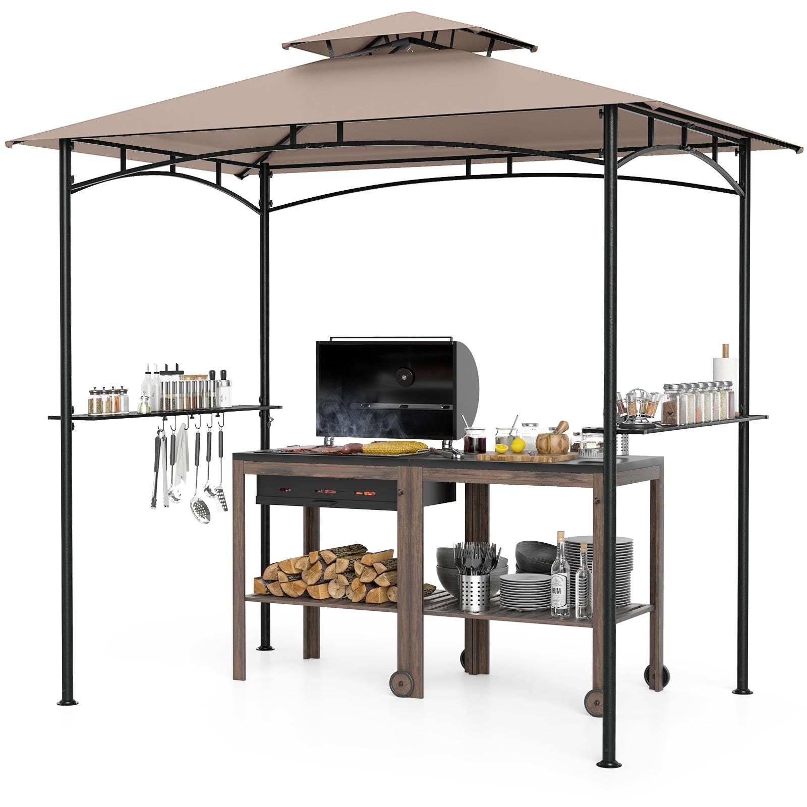 LIVSK Grillpaviljoen - Dubbelwandig Polyester Dak - Metalen Zijplanken - Eenvoudige Montage - 242 x 150 cm - Grijs/Bruin