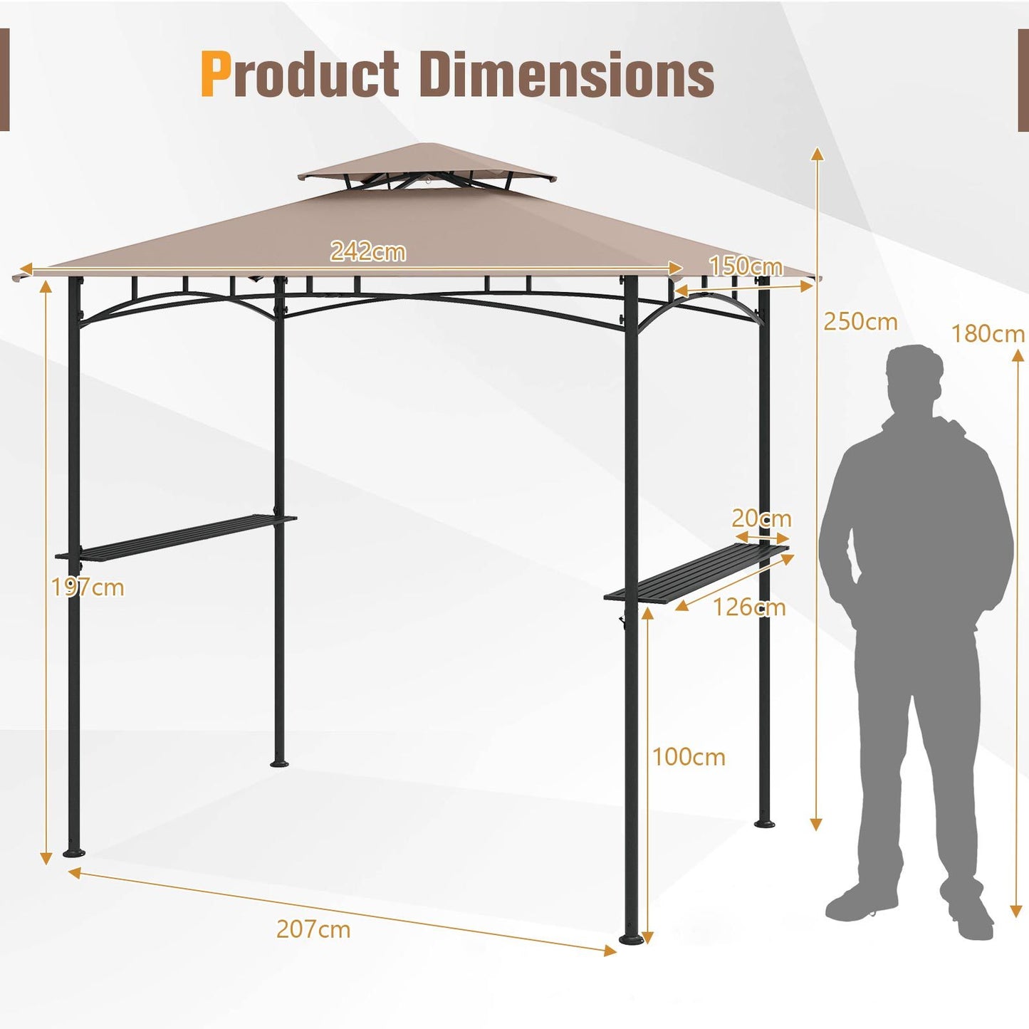 LIVSK Grillpaviljoen - Dubbelwandig Polyester Dak - Metalen Zijplanken - Eenvoudige Montage - 242 x 150 cm - Grijs/Bruin