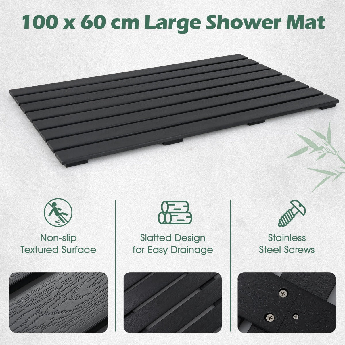 LIVSK Grote Douchemat - Waterdicht WPC - Antislipstructuur - 100 x 60 cm - Draagvermogen 150 kg - Zwart
