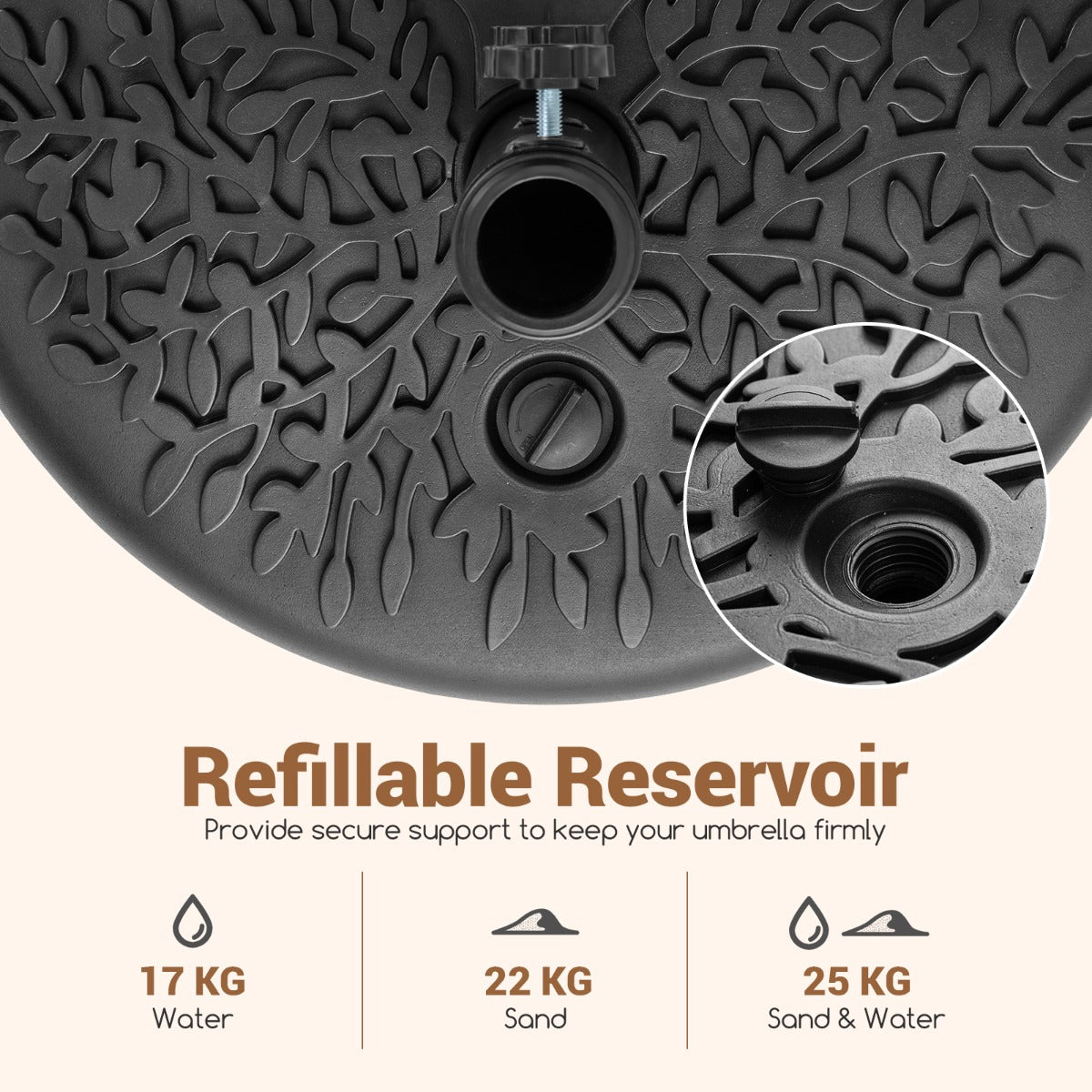 LIVSK Halfronde Parasolvoet - Vulbaar Reservoir - Universale Adapters - Ruimtebesparend Ontwerp - Zwart
