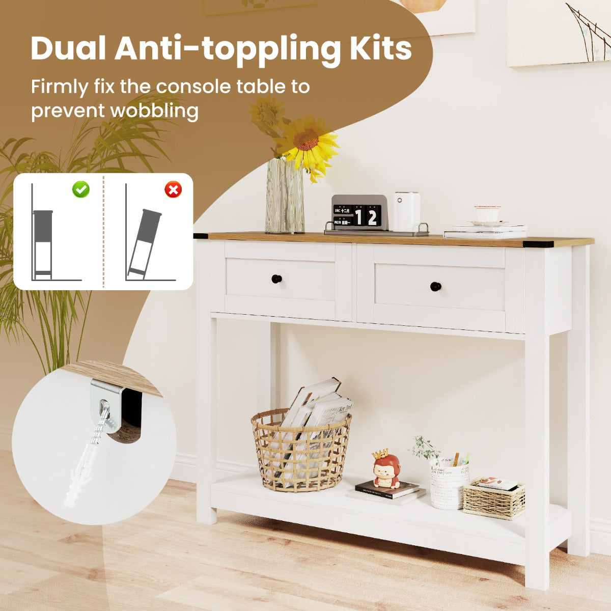 LIVSK Haltafel - Grote Tafelblad - 2 Lades - Anti-kantelvoorzieningen - Multifunctioneel - Wit en Naturel
