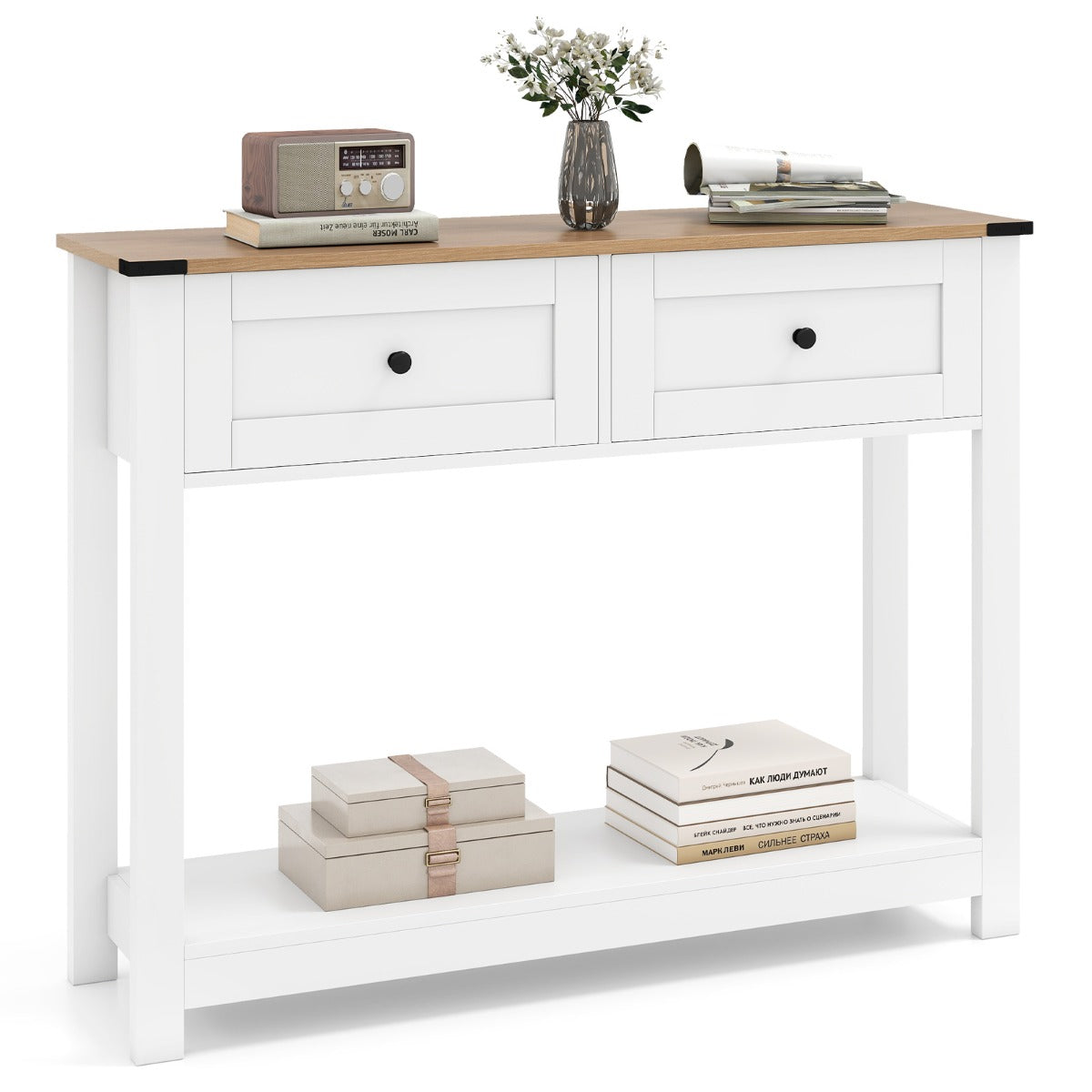LIVSK Haltafel - Stijlvol en Praktisch - 2 Lades en Open Plank - Robuust en Stabiliteit - Wit en Naturel