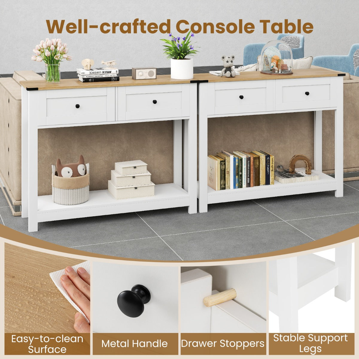 LIVSK Haltafel - Stijlvol en Praktisch - 2 Lades en Open Plank - Robuust en Stabiliteit - Wit en Naturel