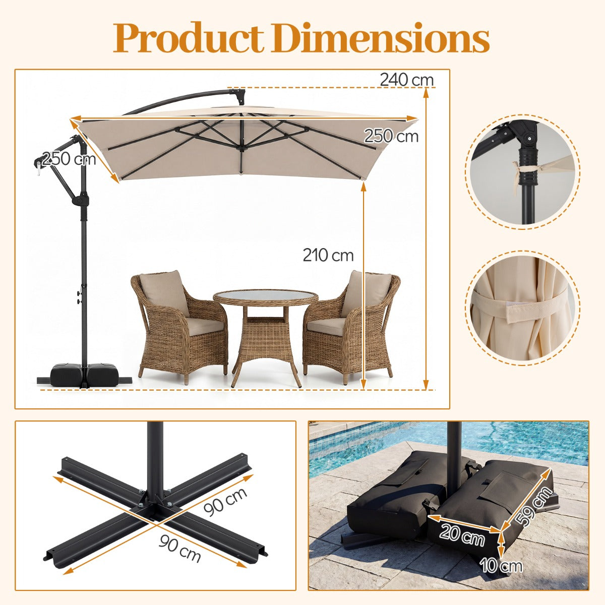 LIVSK Hangparasol 250 x 250 cm - Scheurvast Polyester - 360° Draaibaar - Stabiel Metalen Frame - Beige
