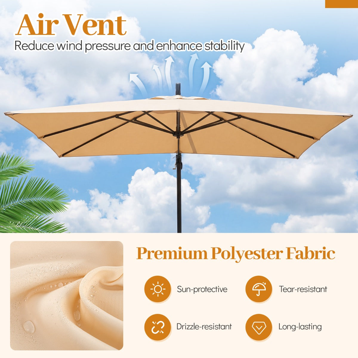 LIVSK Hangparasol 250 x 250 cm - Scheurvast Polyester - 360° Draaibaar - Stabiel Metalen Frame - Beige