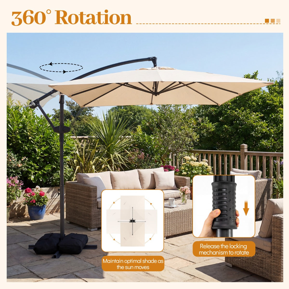 LIVSK Hangparasol 250 x 250 cm - Scheurvast Polyester - 360° Draaibaar - Stabiel Metalen Frame - Beige