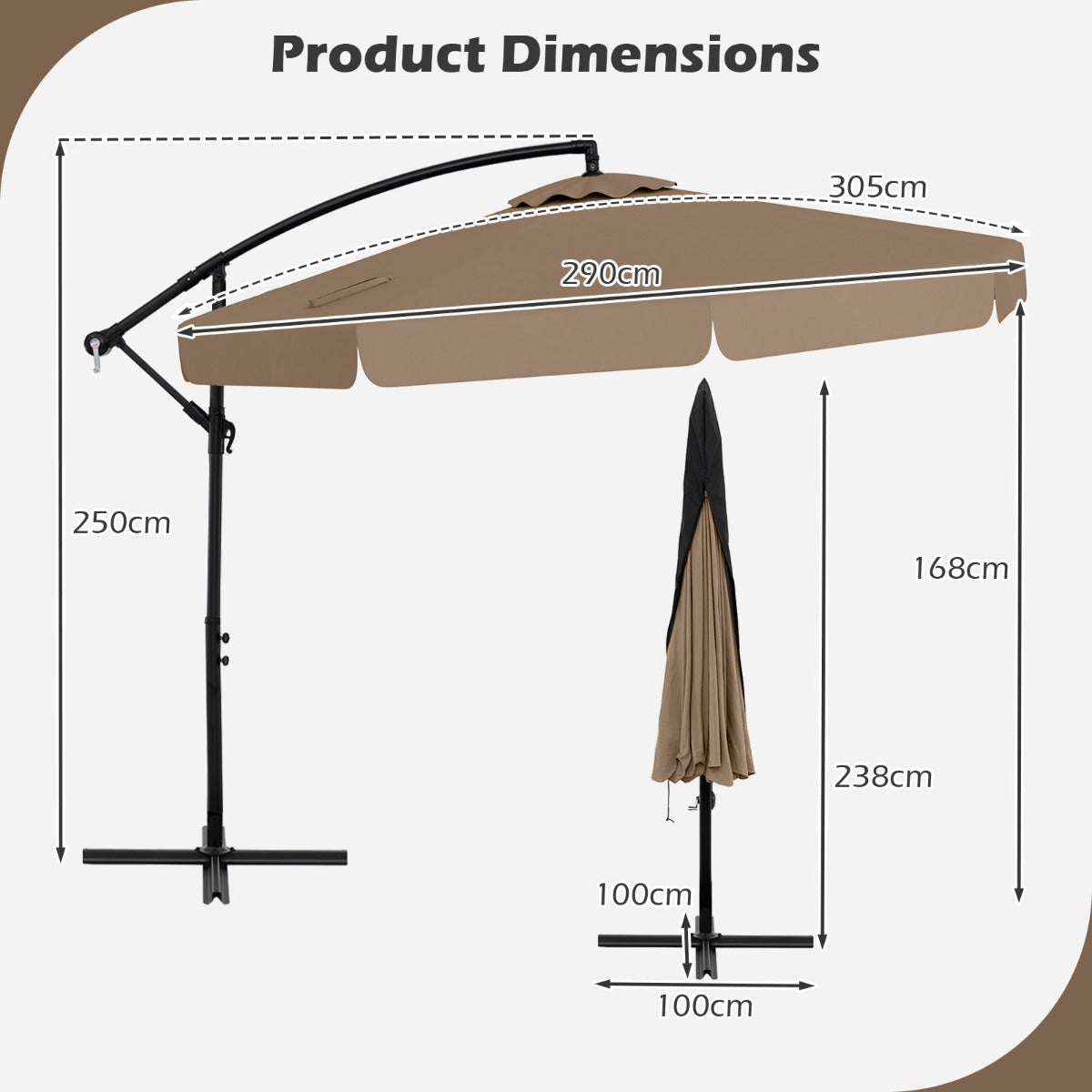 LIVSK Hangparasol 305 cm - Hoogwaardig Polyester - Verstelbare Kantelhoek - Inclusief Beschermhoes - Beige/Grijs