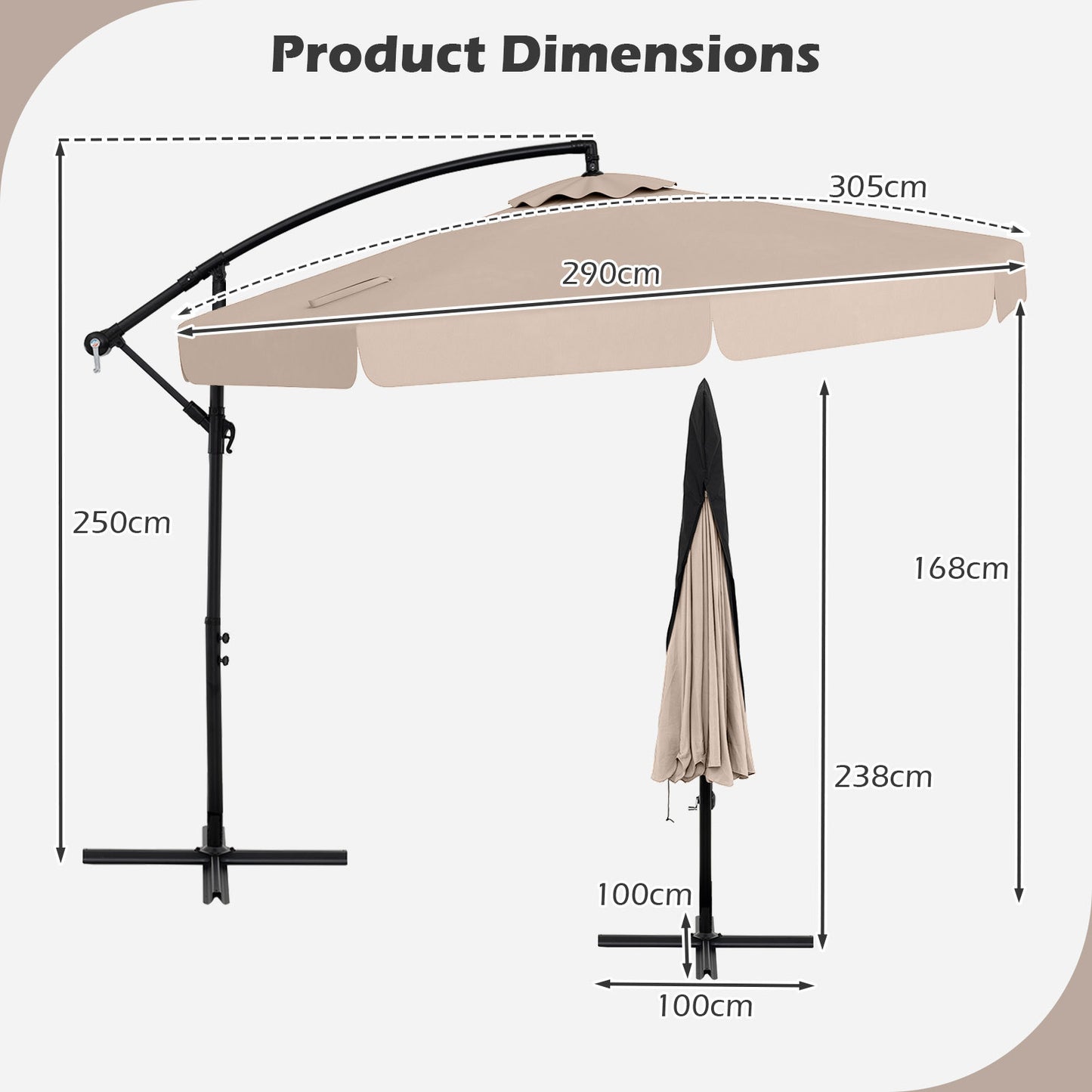 LIVSK Hangparasol 305 cm - Inclusief Beschermhoes - Verstelbare Kantelhoek - Duurzaam Polyester - Beige