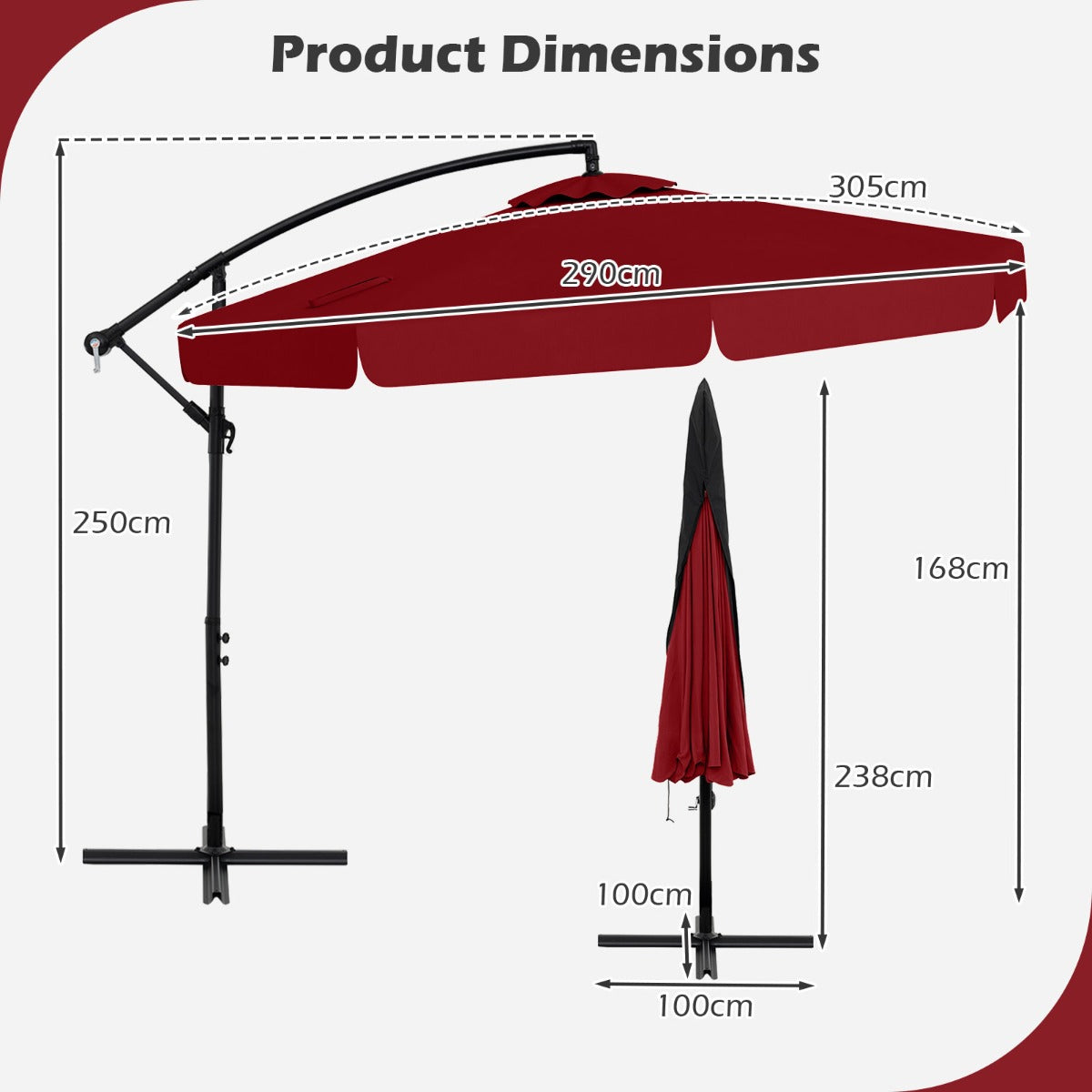 LIVSK Hangparasol 305 cm - Inclusief Beschermhoes - Verstelbare Slinger - Hoogwaardig Polyester - Rood