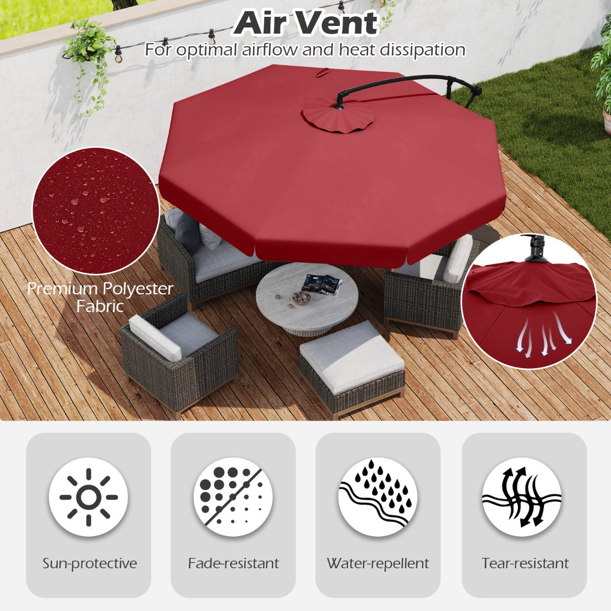 LIVSK Hangparasol 305 cm - Inclusief Beschermhoes - Verstelbare Slinger - Hoogwaardig Polyester - Rood