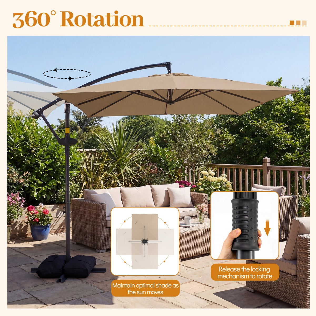 LIVSK Hangparasol - 360° Draaibaar - Scheurvast Polyester - Robuust Metaal - Ideaal voor Tuin en Terras - Beige/Bruin