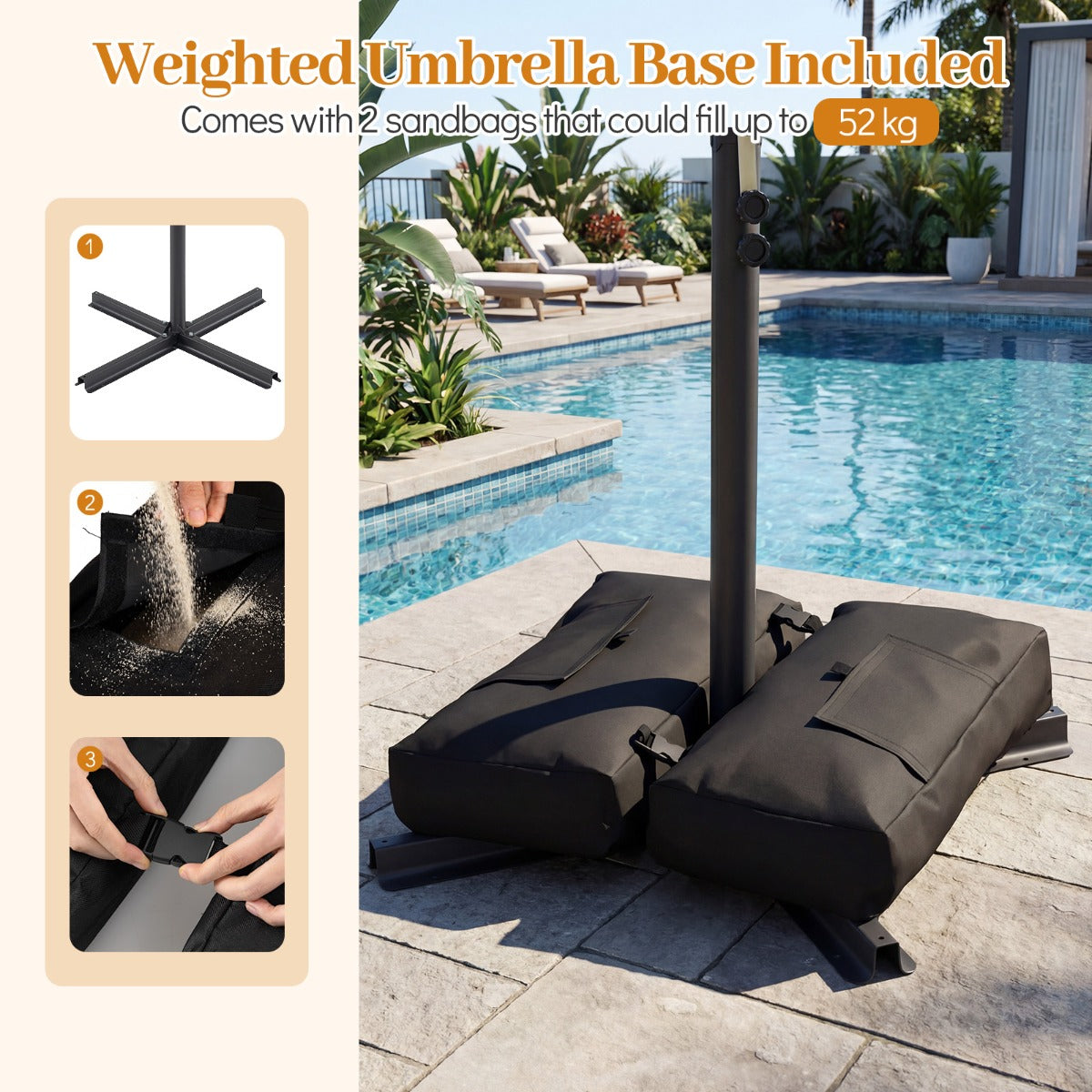 LIVSK Hangparasol - 360° Draaibaar - Scheurvast Polyester - Robuust Metaal - Ideaal voor Tuin en Terras - Beige/Bruin