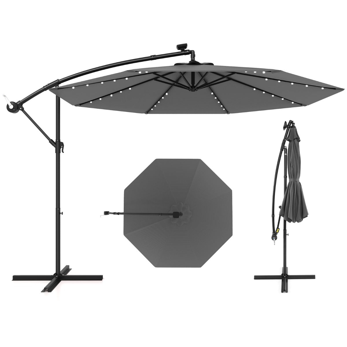 LIVSK Hangparasol met Zonnepaneel - 300 x 250 cm - 40 Lampen - Hoogwaardig Polyester - Grijs