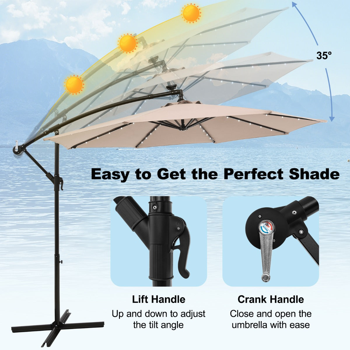 LIVSK Hangparasol op Zonne-energie - 300 x 250 cm - 40 Lampen - Verstelbare Kantelhoek - Robuuste Metalen Constructie - Grijs