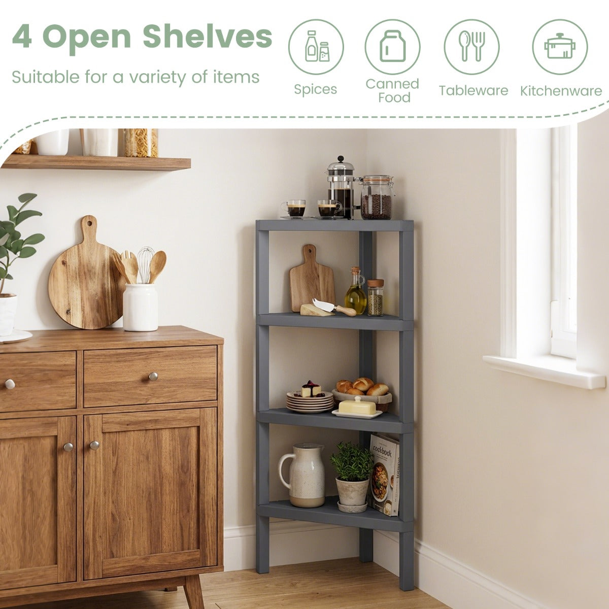 LIVSK Hoekrek 4-Laags - Ruimtebesparend Ontwerp - Hoogwaardig PP-Materiaal - Eenvoudige Montage - Zwart/Grijs/Wit