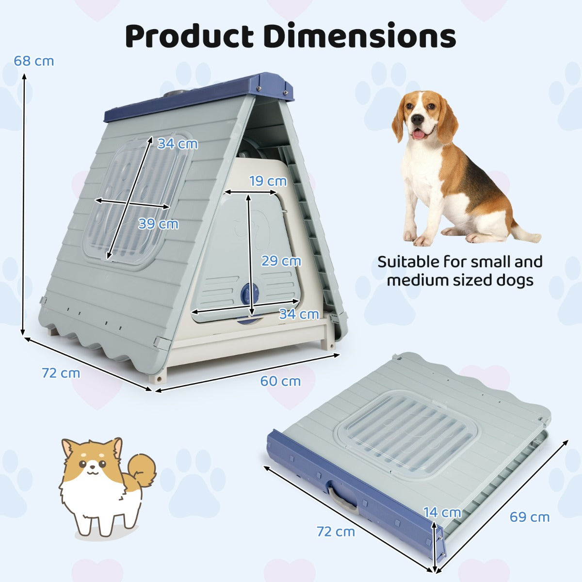 LIVSK Hondenhok - Weersbestendig & Opvouwbaar - Verhoogde Basis - Ventilatieramen - Voor Kleine en Middelgrote Honden - Blauw/Roze
