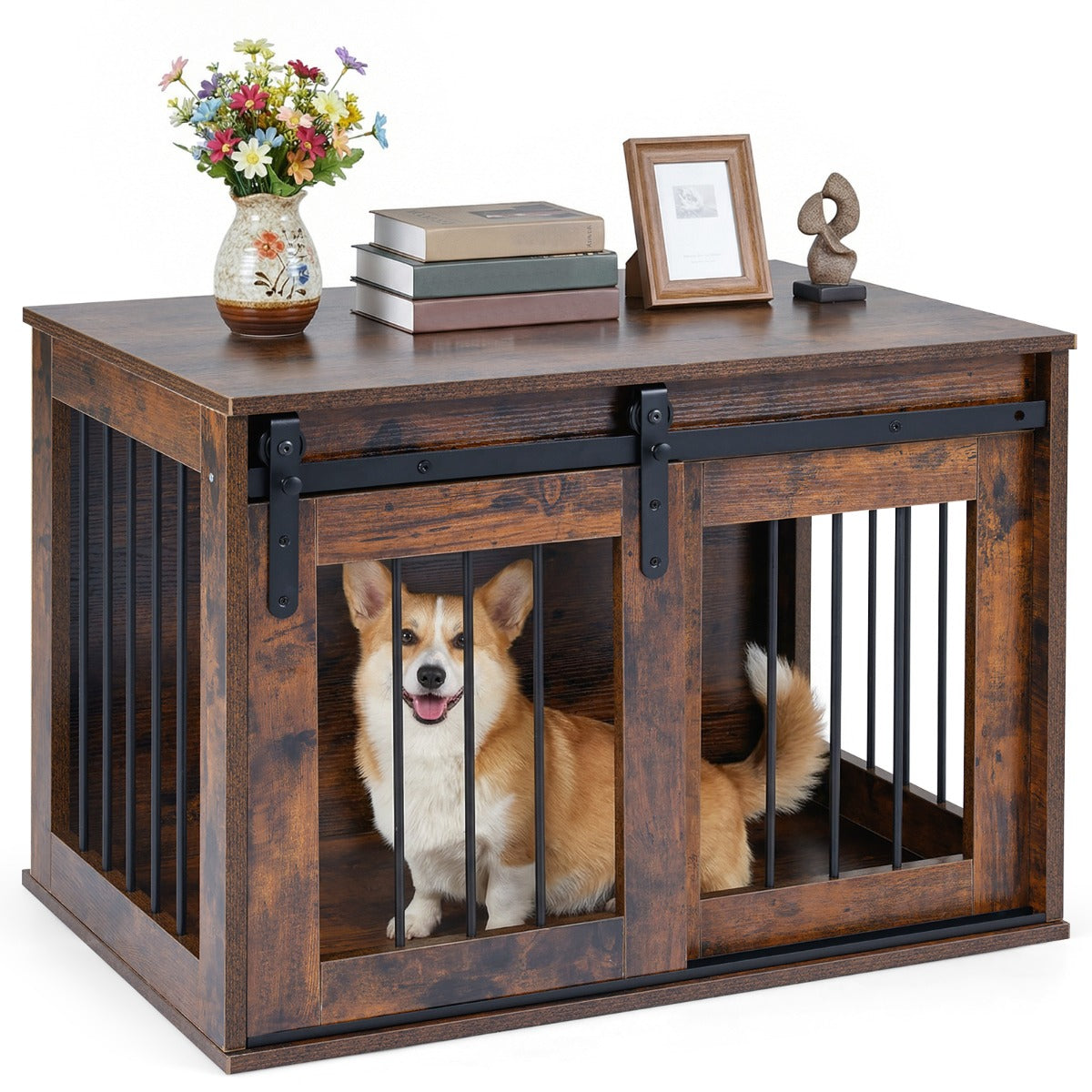 LIVSK Hondenkooi - 2-in-1 Meubel - Metalen Frame - Schuifdeur - Ventilatie - Rustiek Bruin/Wit