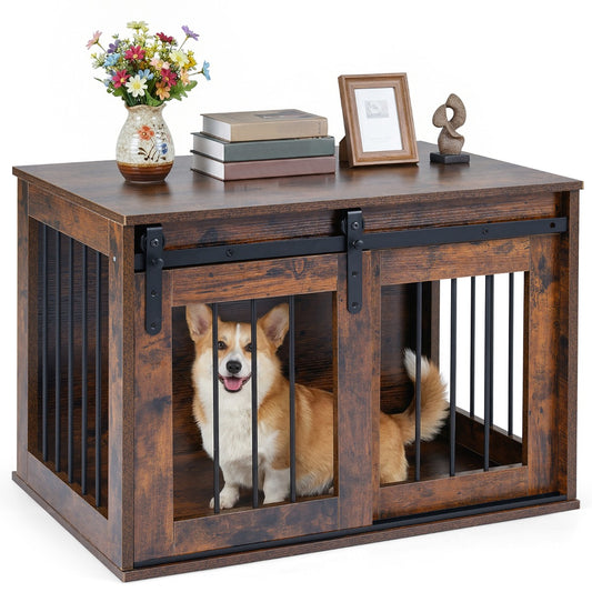LIVSK Hondenkooi - 2-in-1 Meubel - Metalen Frame - Schuifdeur - Ventilatie - Rustiek Bruin/Wit