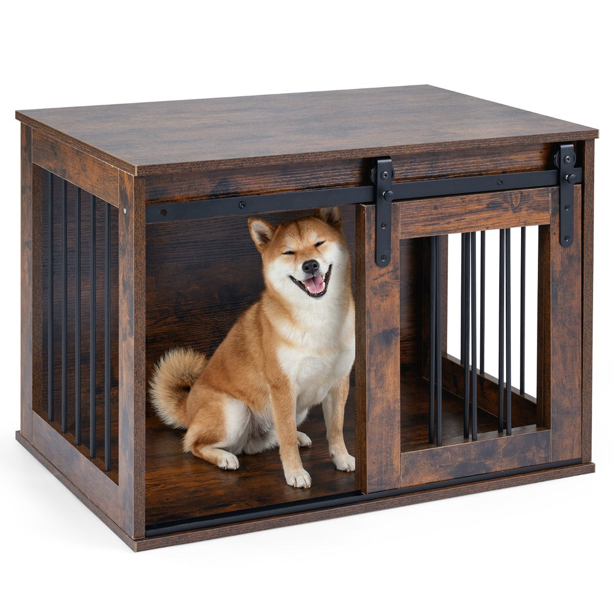 LIVSK Hondenkooi - 2-in-1 Meubel - Metalen Frame - Schuifdeur - Ventilatie - Rustiek Bruin/Wit