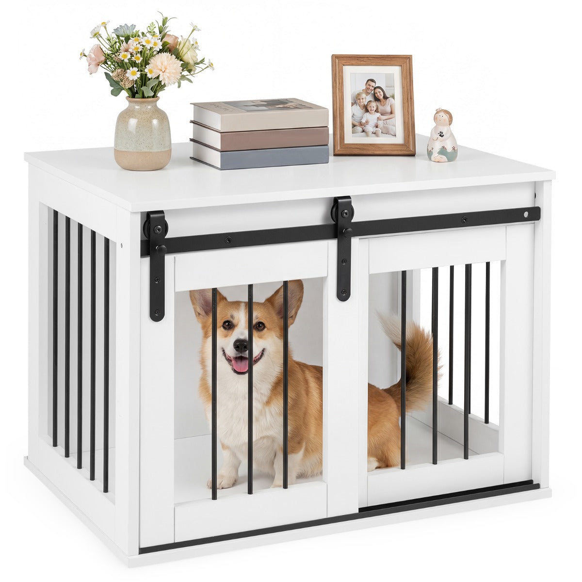 LIVSK Hondenkooi - Stevig Metalen Frame - Schuifdeur & Ventilatie - 2-in-1 Meubel - Geschikt voor Kleine en Middelgrote Honden -