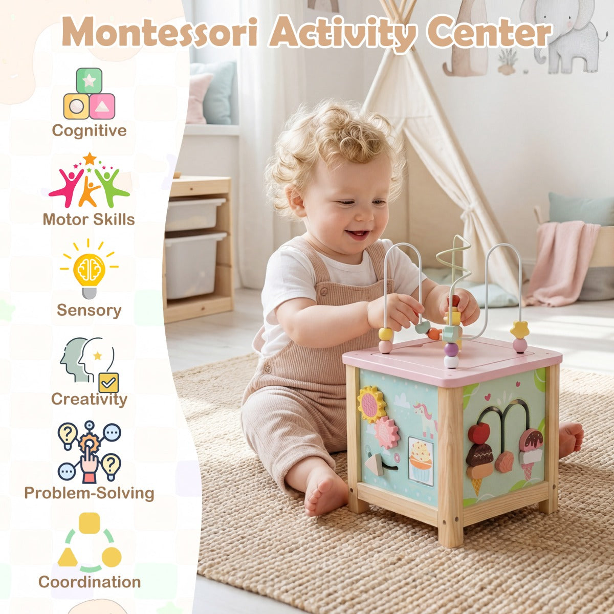 LIVSK Houten Activiteitenkubus - Montessori Speelgoed - 3 Verwijderbare Blokken - Realistische Keuken - Veelkleurig