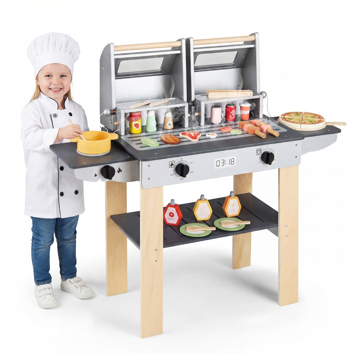 LIVSK Houten Barbecue-Speelset - Veilige Sluiting - Realistische Accessoires - Stimuleert Creativiteit - Grijs