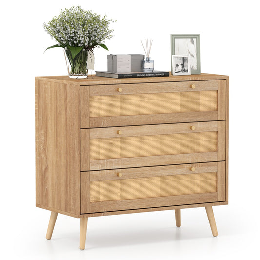 LIVSK Houten Nachtkastje - Elegant Rotanontwerp - 3 Ruime Lades - Robuuste Constructie - Naturel