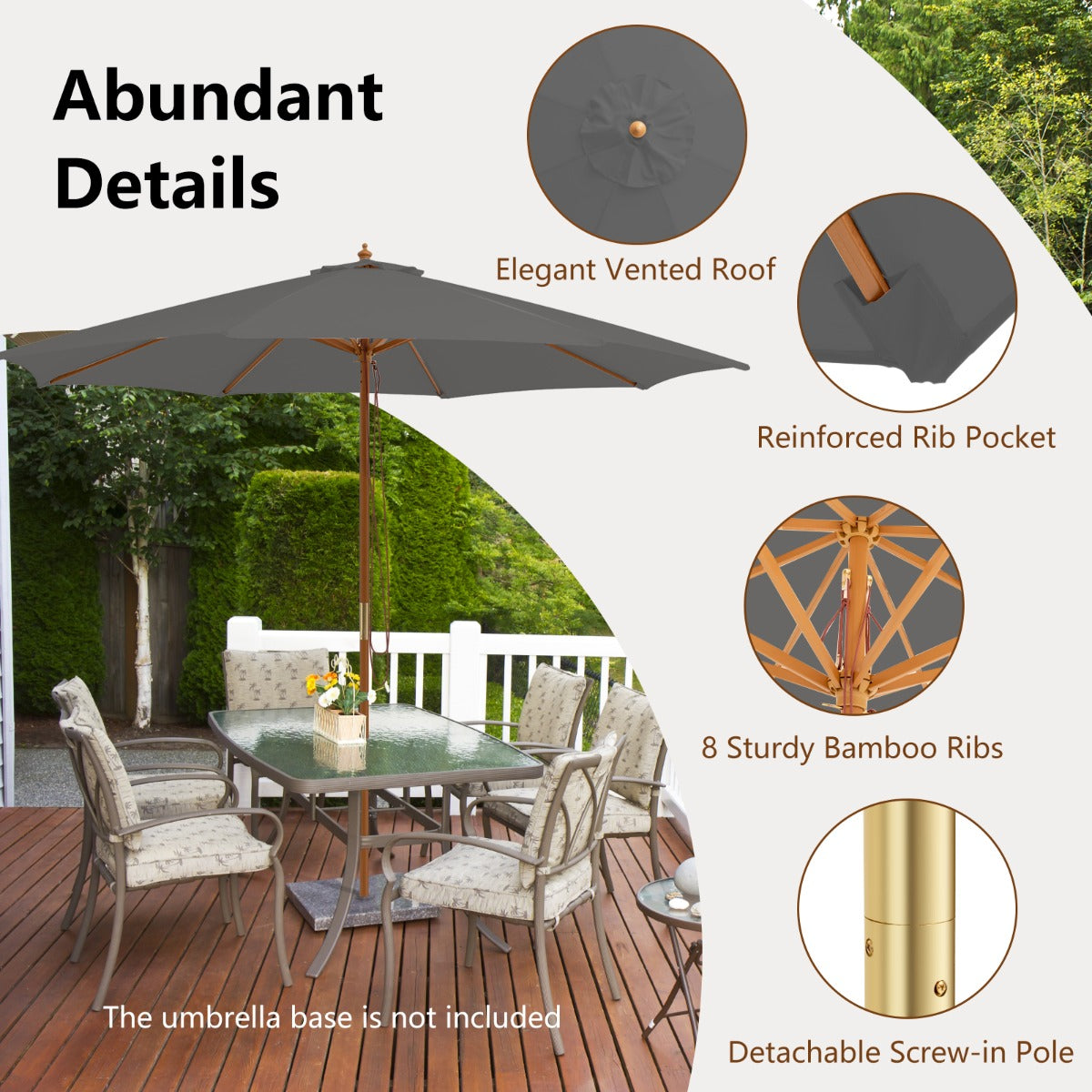 LIVSK Houten Parasol - 300 cm Groot - Geventileerd Doek - 3 Hoogte-instellingen - Eenvoudige Montage - Grijs/Blauw/Wijnrood/Beige