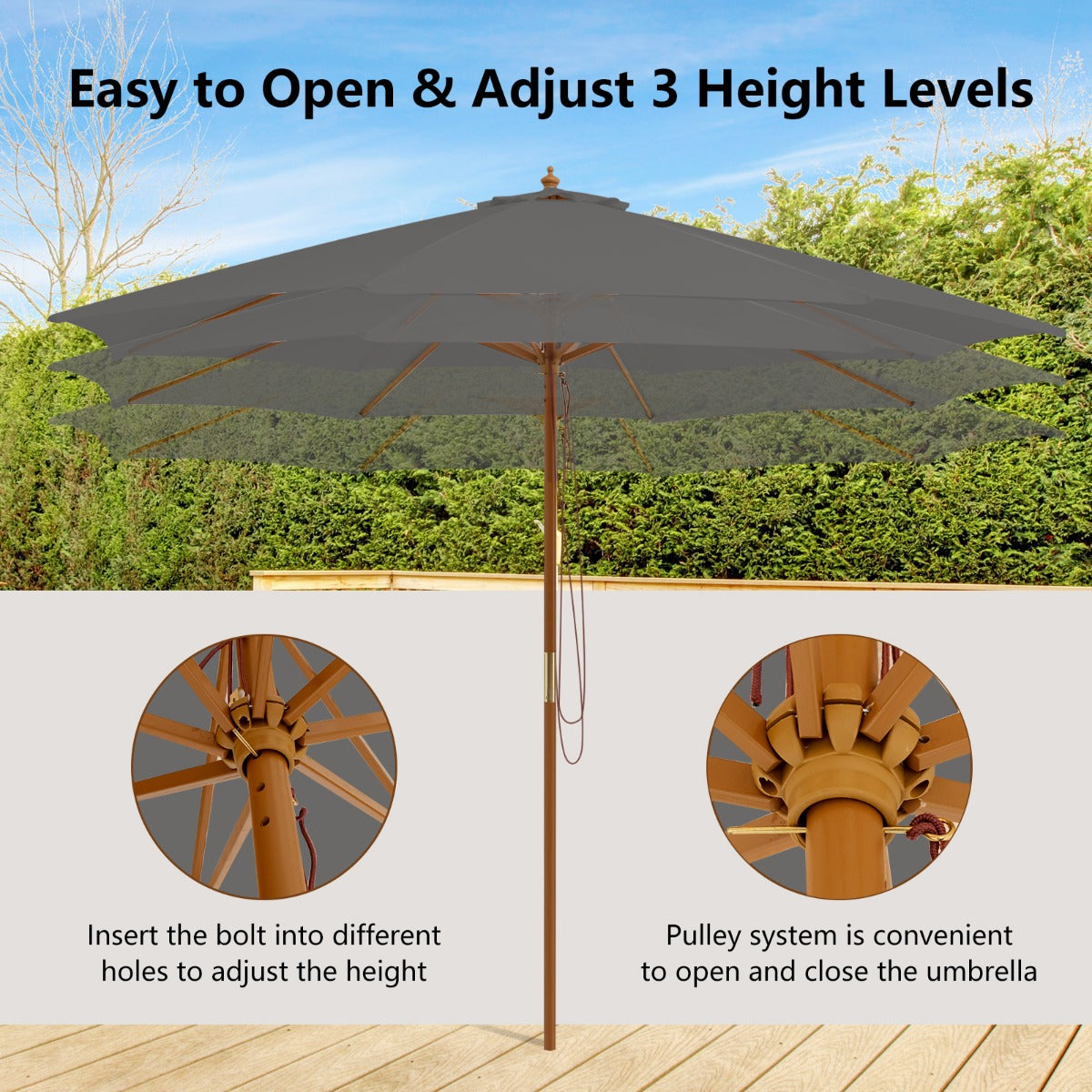 LIVSK Houten Parasol - 300 cm Groot - Geventileerd Doek - 3 Hoogte-instellingen - Eenvoudige Montage - Grijs/Blauw/Wijnrood/Beige