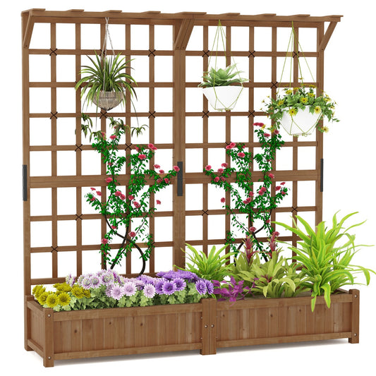 LIVSK Houten Plantenbak met Latwerk - 2 Ruime Bloembakken - Weerbestendig Dennenhout - Afwateringsgaten - Koffie Bruin