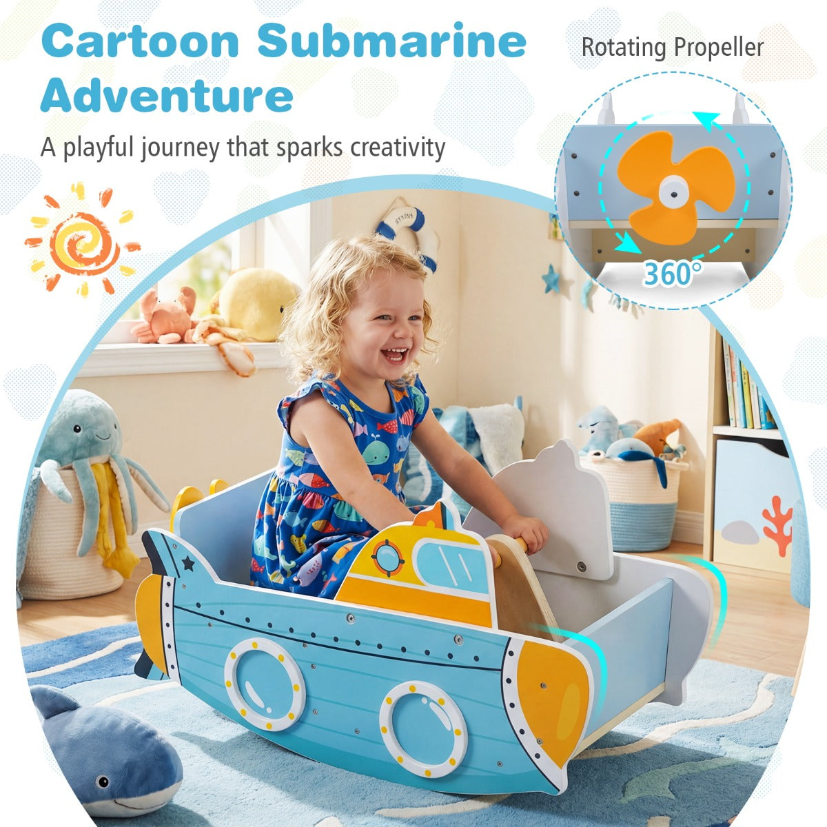 LIVSK Houten Schommelboot - Stevige Handgreep - Draaibare Propeller - Veilig en Comfortabel - Voor Kinderen - Blauw