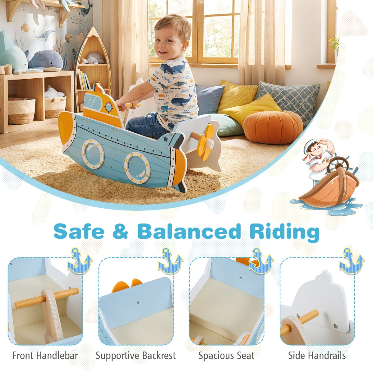 LIVSK Houten Schommelboot - Stevige Handgreep - Draaibare Propeller - Veilig en Comfortabel - Voor Kinderen - Blauw