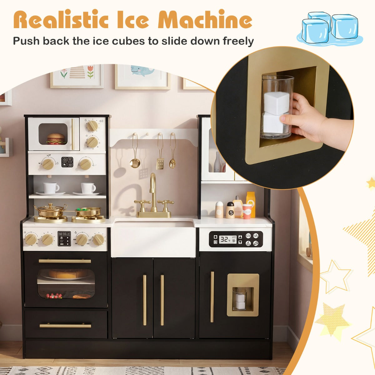 LIVSK Houten Speelkeuken - Realistische Licht- en Geluidseffecten - Multifunctioneel met IJsmaschine - Kindvriendelijk - Zwart/Wit