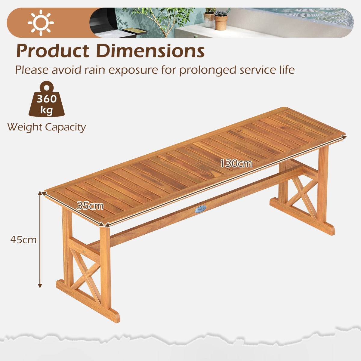 LIVSK Houten Tuinbank - Massief Acaciahout - Ruimte voor 2-3 Personen - Draagvermogen 360 kg - Naturel