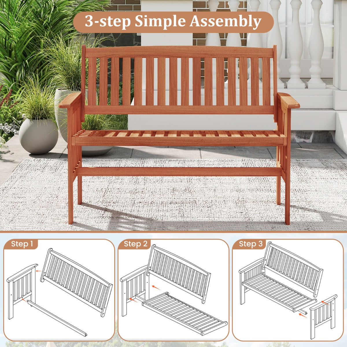 LIVSK Houten Tuinbank - Stevig Frame - Ergonomische Rugleuning - Ruime Zitting voor 2 Personen - Naturel