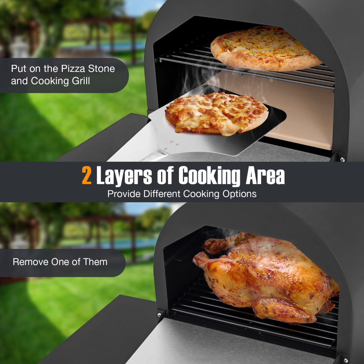 LIVSK Houtgestookte Pizzaoven - 2-laags Kookzone - Thermometer - Robuust Metaal - Inclusief Beschermhoes - Zwart