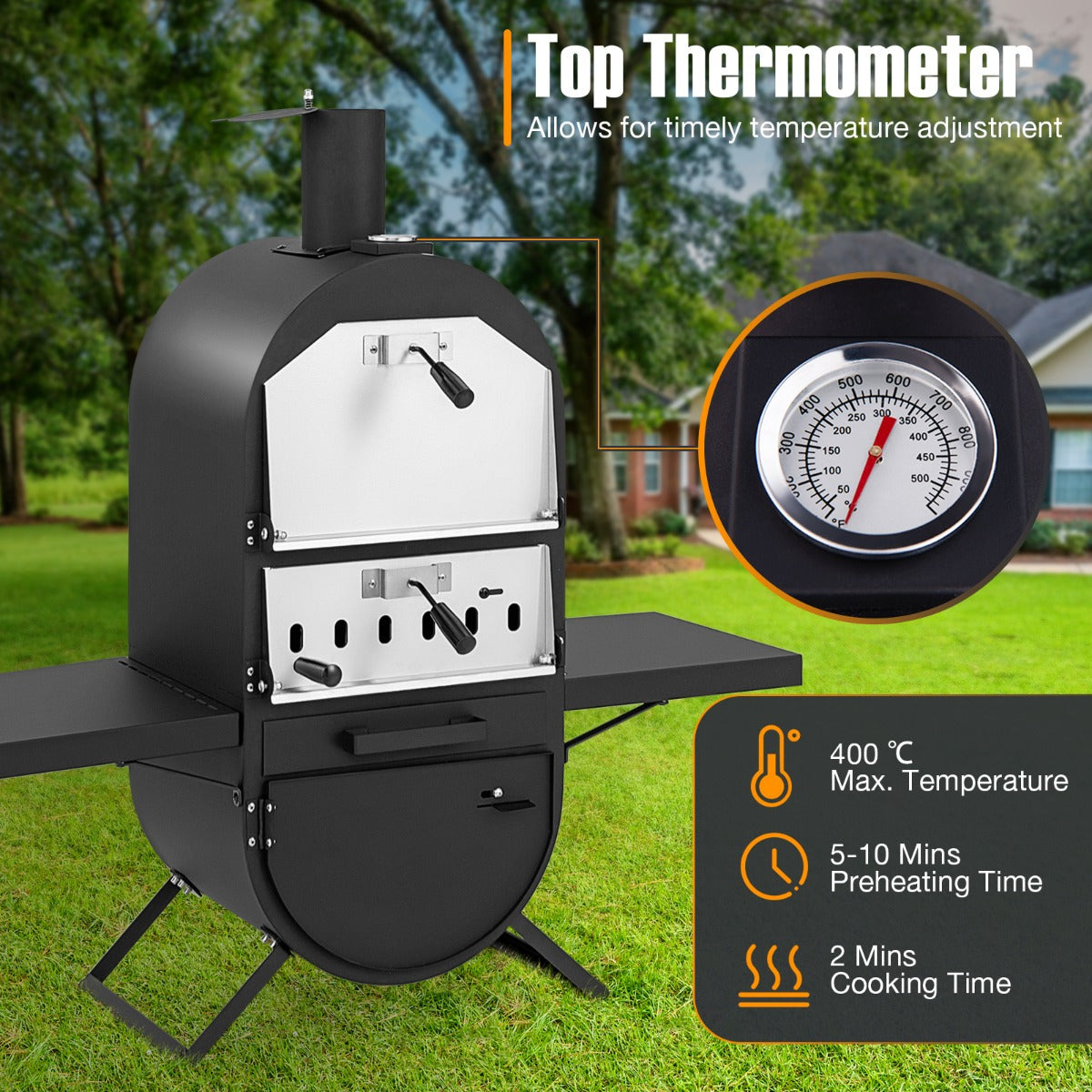 LIVSK Houtgestookte Pizzaoven - 2-laags Kookzone - Thermometer - Robuust Metaal - Inclusief Beschermhoes - Zwart