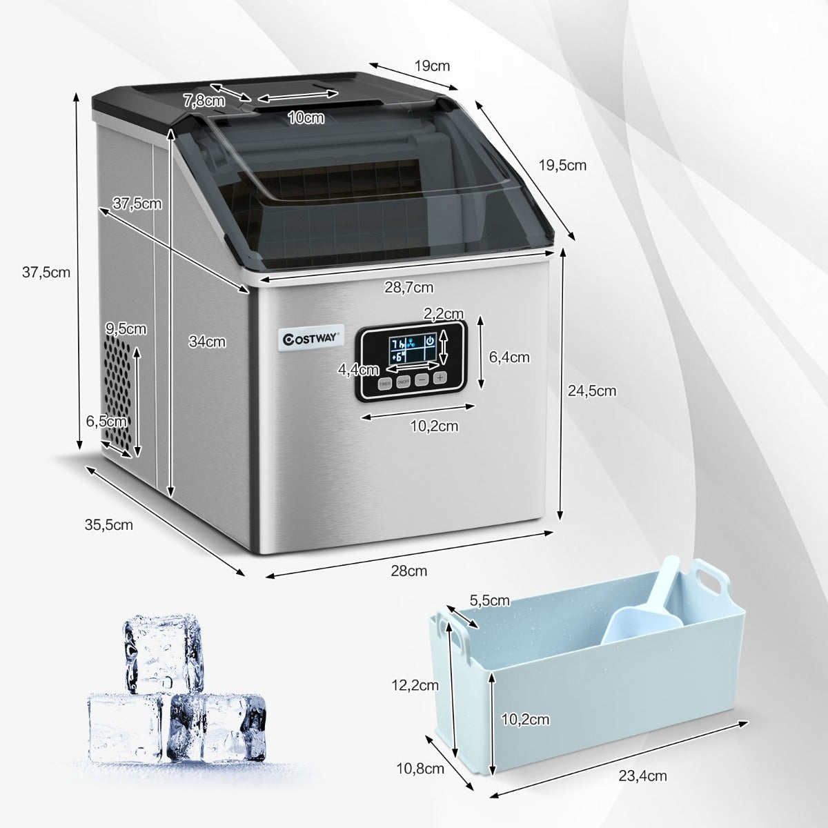 LIVSK IJsblokjesmachine - 18 kg IJs per 24 uur - Roestvrijstalen Behuizing - LCD-display - Zelfreinigend - Zilver
