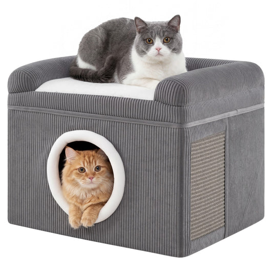 LIVSK Indoor Kattenhuis - Opvouwbaar en Draagbaar - 2-in-1 Ontwerp - Inclusief Sisal Krabmat - Bruin/Grijs