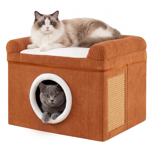 LIVSK Indoor Kattenhuis - Opvouwbaar en Draagbaar - Geïntegreerde Krabmat - Comfortabel Pluche Kussen - Bruin/Grijs