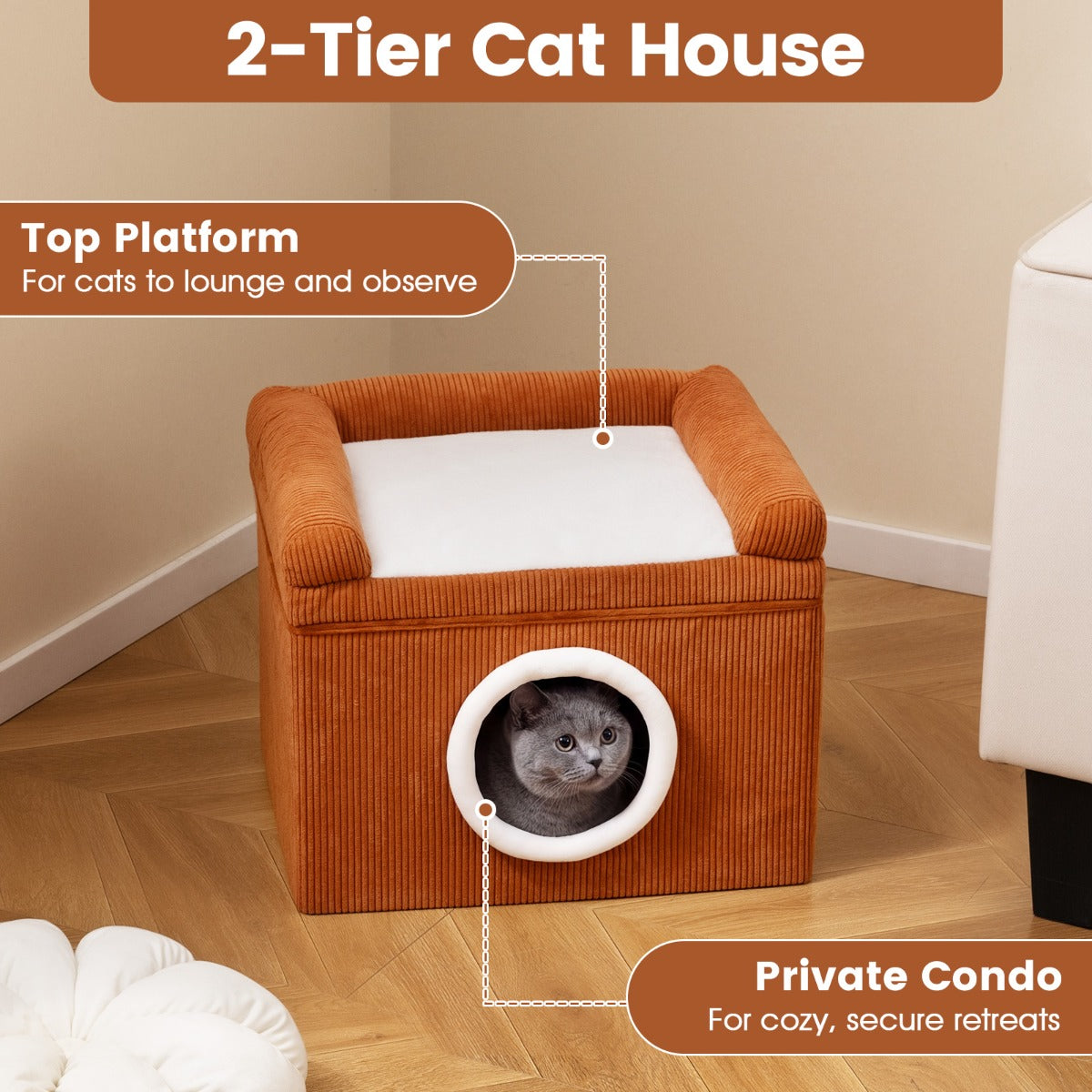 LIVSK Indoor Kattenhuis - Opvouwbaar en Draagbaar - Geïntegreerde Krabmat - Comfortabel Pluche Kussen - Bruin/Grijs