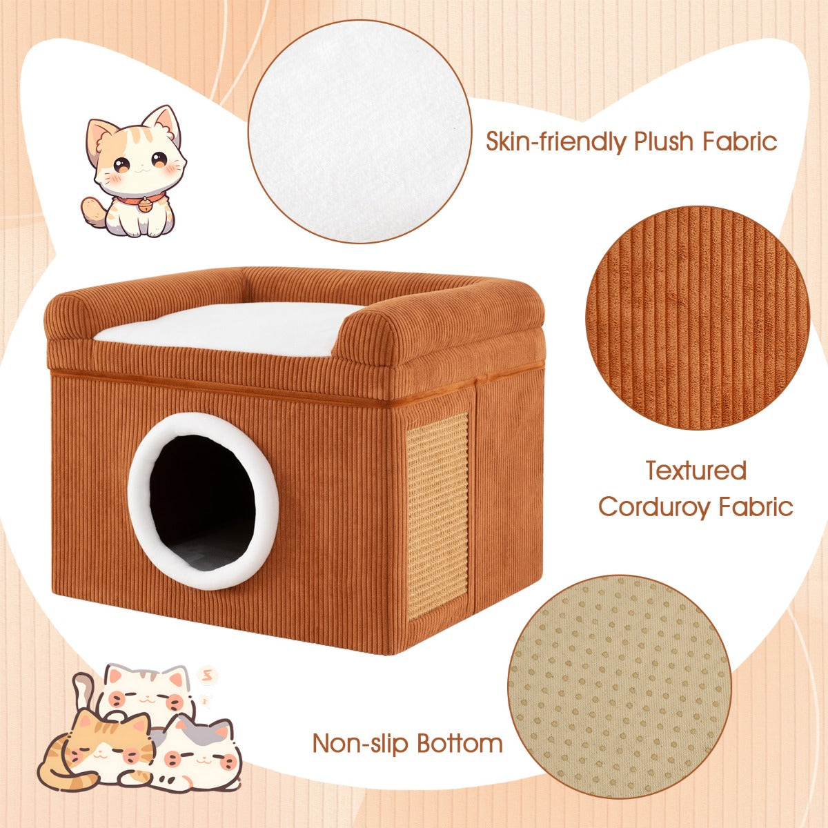 LIVSK Indoor Kattenhuis - Opvouwbaar en Draagbaar - Geïntegreerde Krabmat - Comfortabel Pluche Kussen - Bruin/Grijs